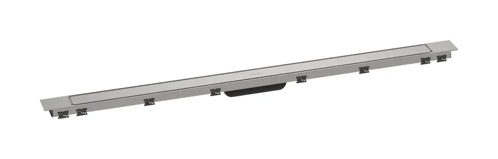 Edelstahl-Duschrinne von Hansgrohe mit höhenverstellbarem Rahmen, längliche Bauform, zum Einbau in Duschen, für effizienten Wasserabfluss.